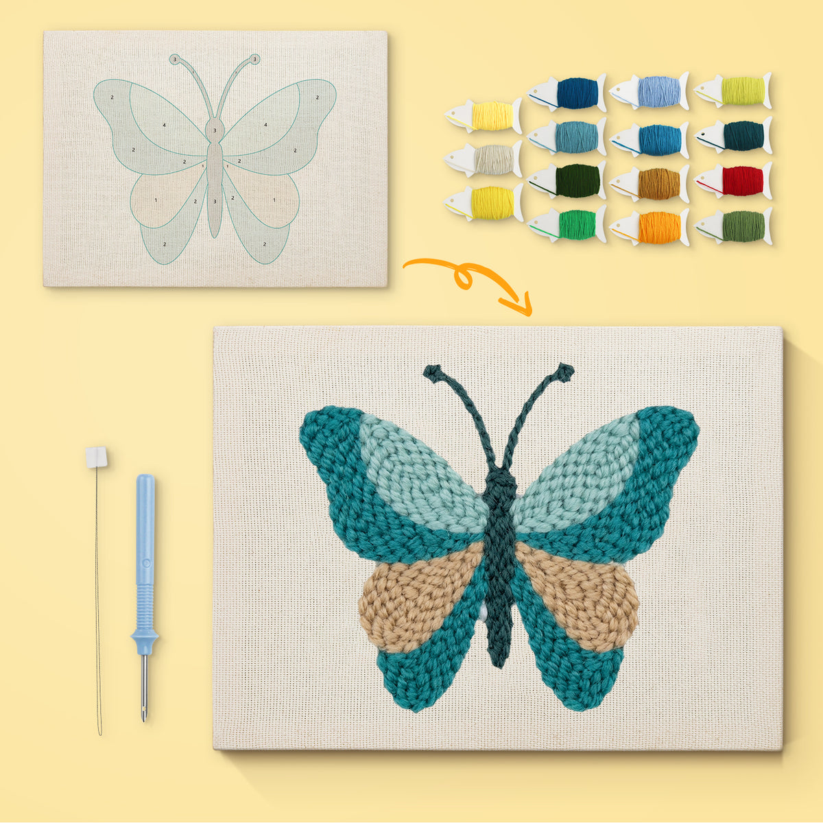 Teal Sand Butterfly canvas before and after punching, with the threads and tools