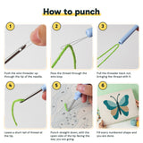 Six steps showing how to thread and use the punch needle