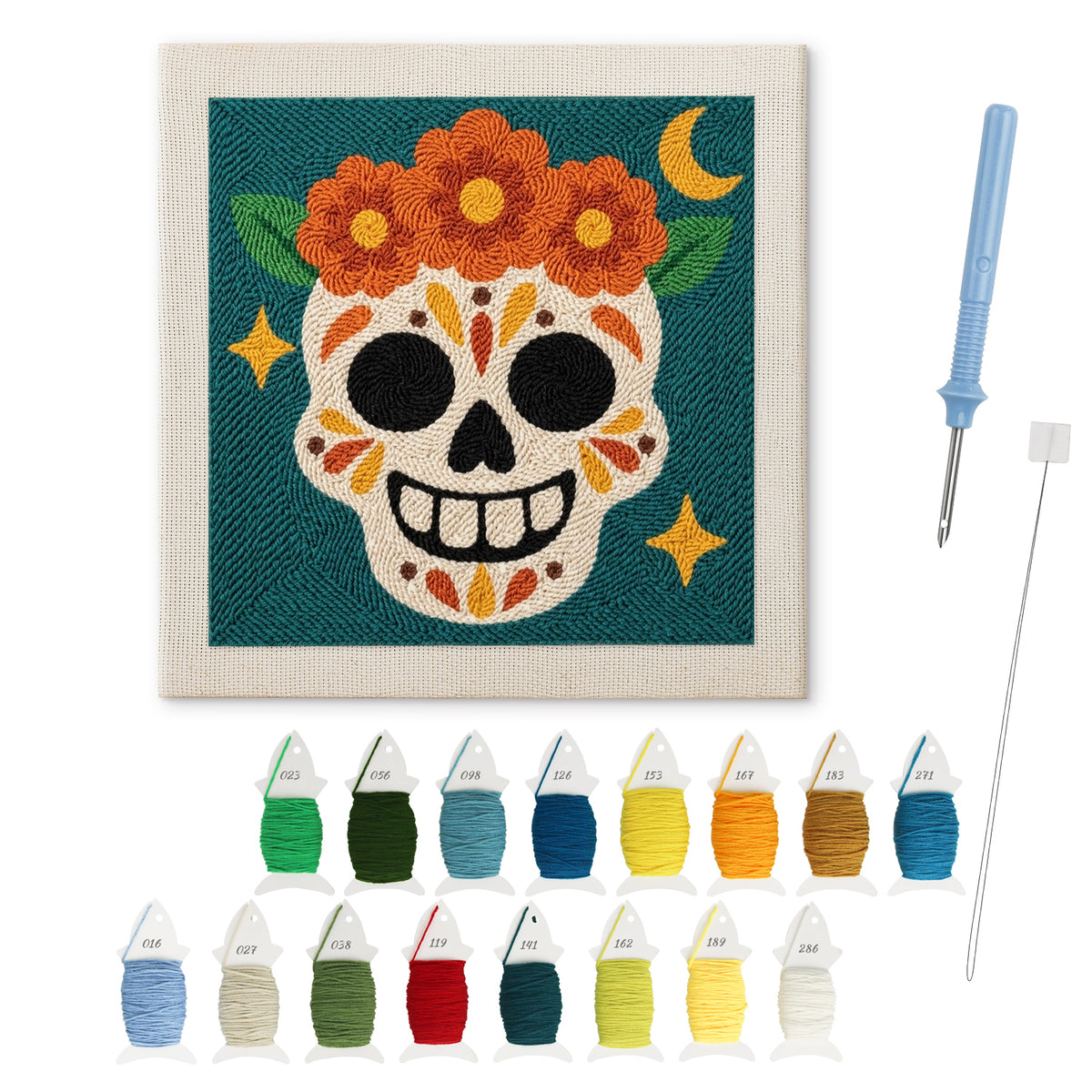 Teal Sugar Skull punch needle kit: finished canvas with threads, punch needle and threader