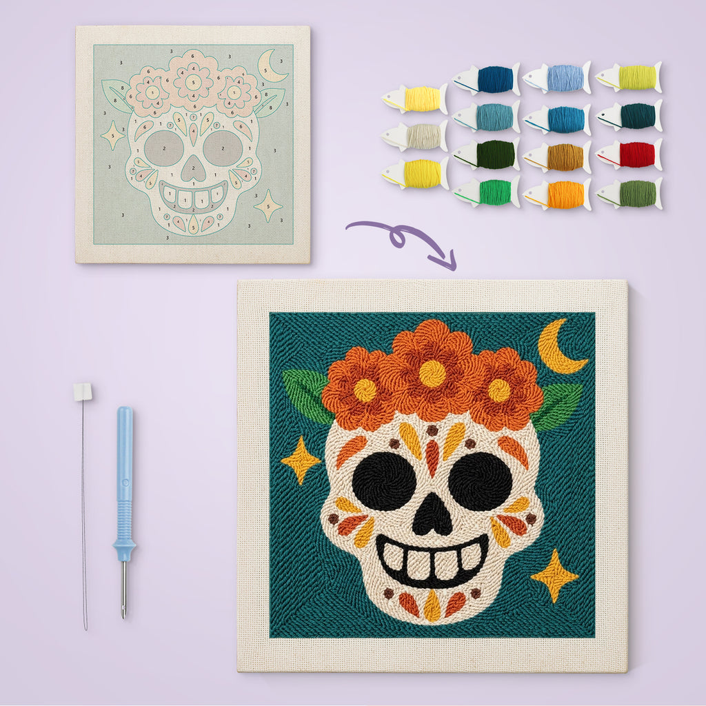 Teal Sugar Skull canvas before and after punching, with the threads and tools