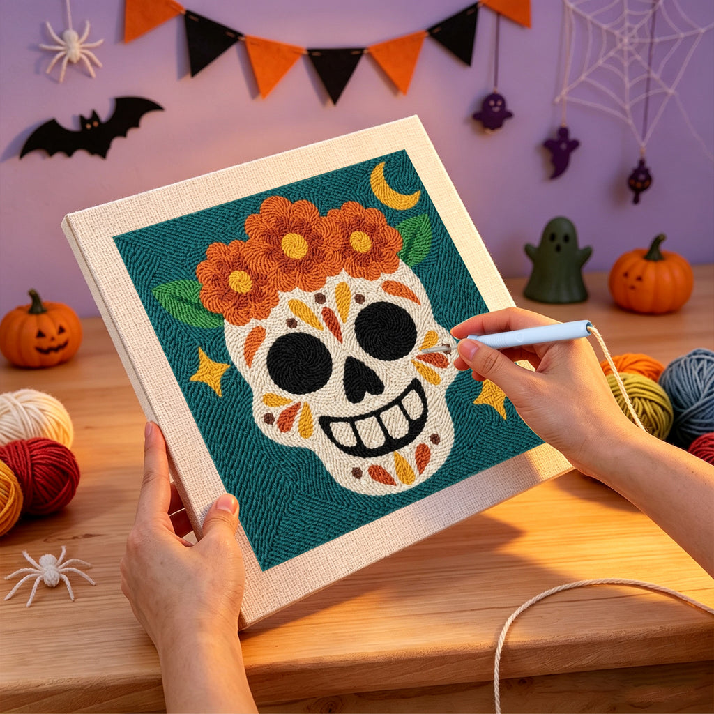 Punching the Teal Sugar Skull design with the punch needle