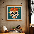 Finished Teal Sugar Skull punch needle canvas on a wall