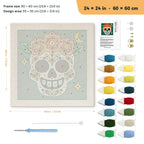 Teal Sugar Skull punch needle kit, 24 × 24 in (60 × 60 cm): canvas size and kit contents