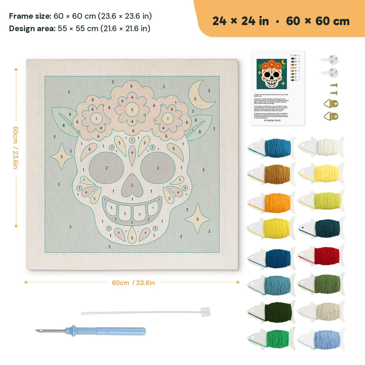 Teal Sugar Skull punch needle kit, 24 × 24 in (60 × 60 cm): canvas size and kit contents