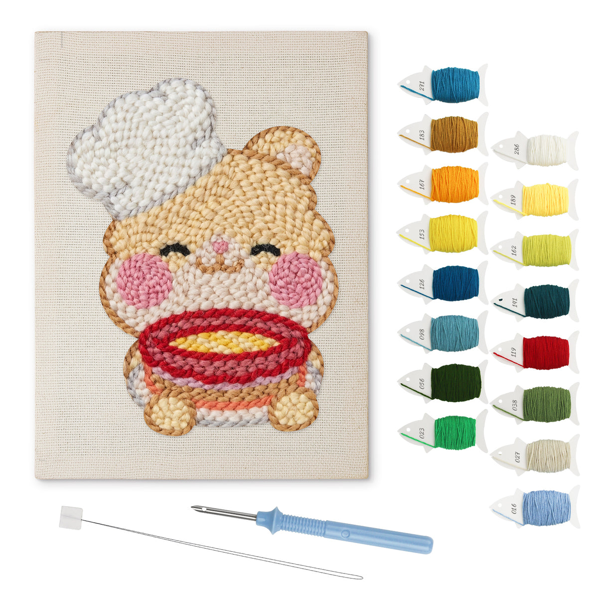 Teddy Bear Chef punch needle kit: finished canvas with threads, punch needle and threader
