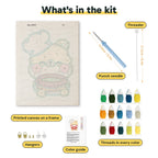 What is in the Teddy Bear Chef kit: printed canvas, punch needle, threader, threads, color guide and hangers