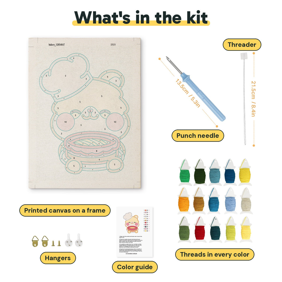 What is in the Teddy Bear Chef kit: printed canvas, punch needle, threader, threads, color guide and hangers