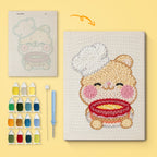 Teddy Bear Chef canvas before and after punching, with the threads and tools