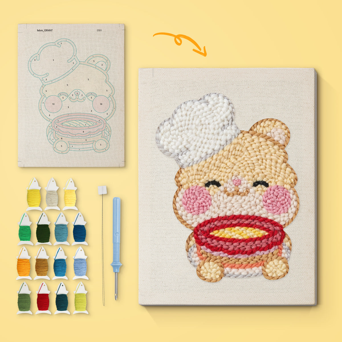 Teddy Bear Chef canvas before and after punching, with the threads and tools