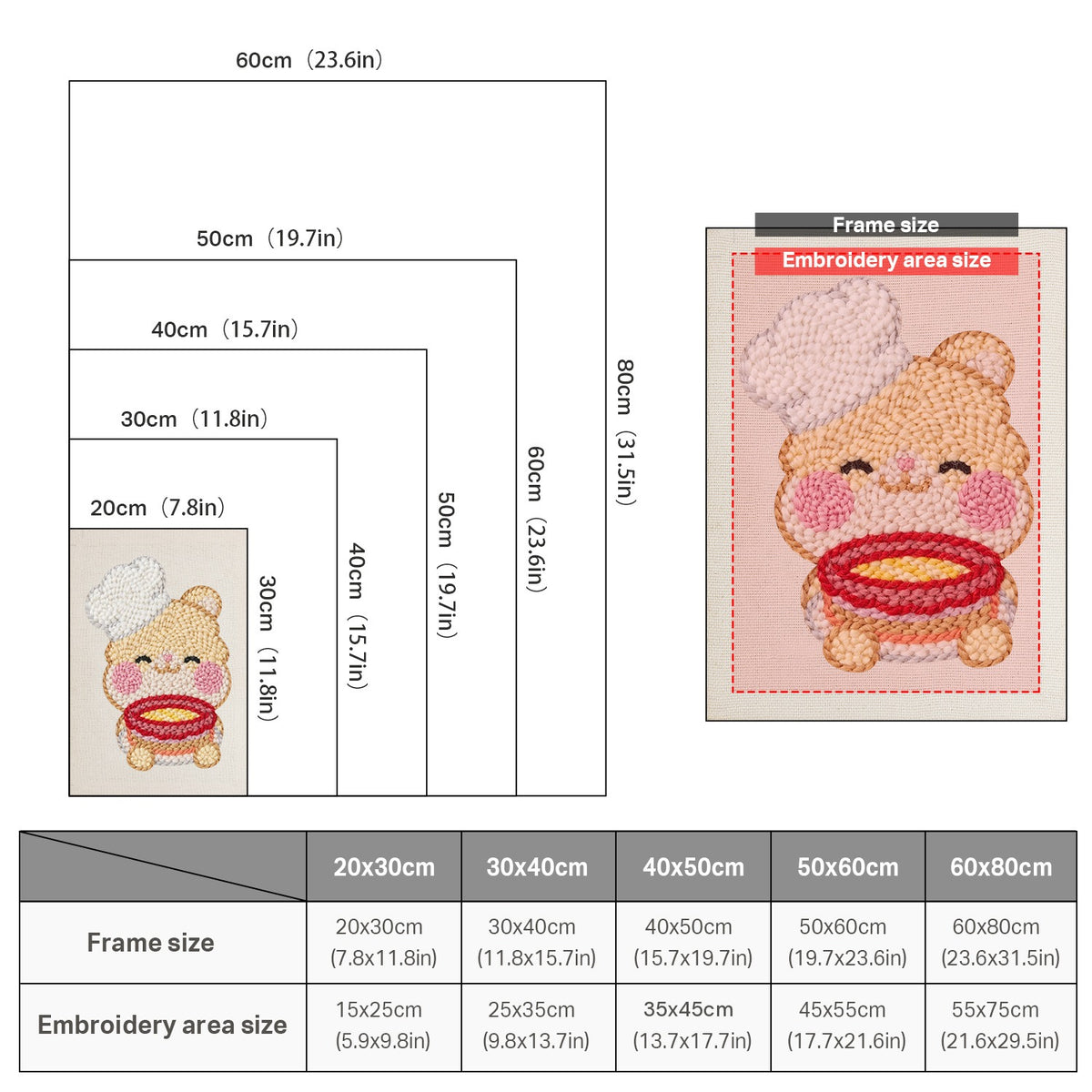 Size chart for punch needle kits from 20 x 30 cm to 60 x 80 cm