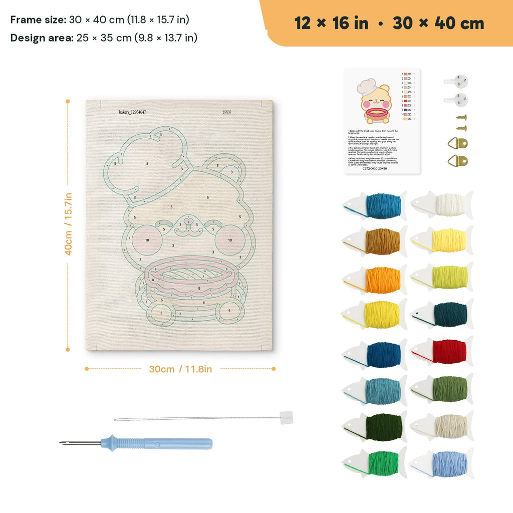 Teddy Bear Chef punch needle kit, 12 × 16 in (30 × 40 cm): canvas size and kit contents