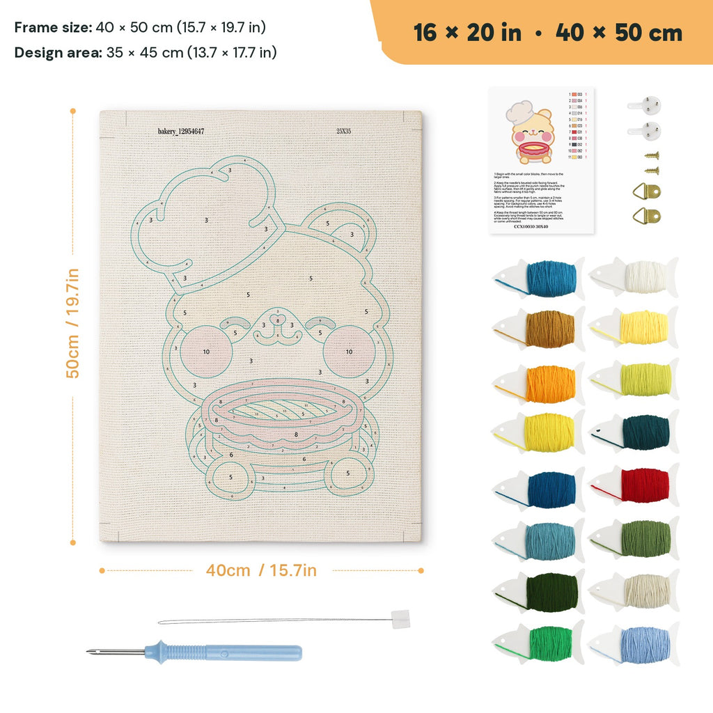 Teddy Bear Chef punch needle kit, 16 × 20 in (40 × 50 cm): canvas size and kit contents