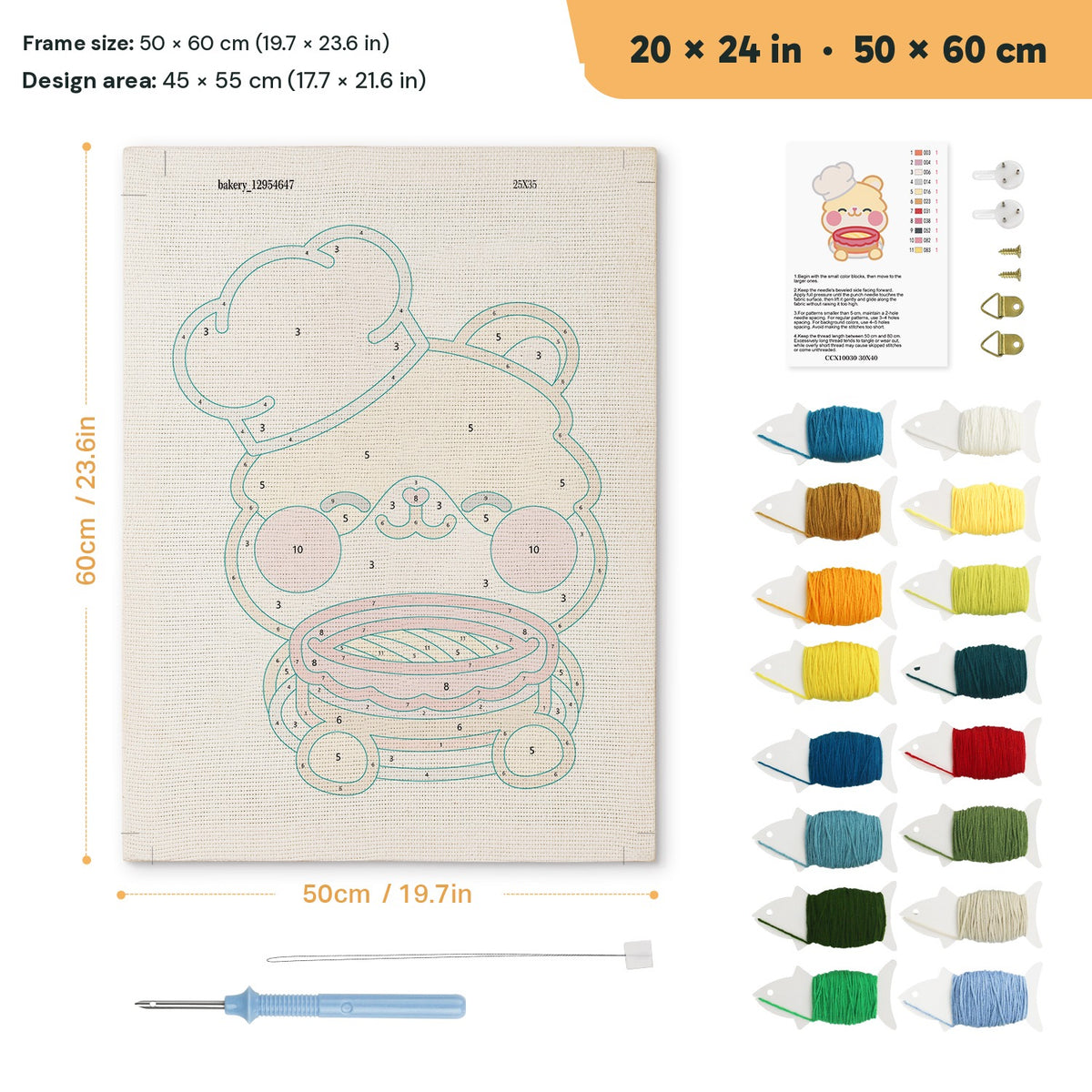 Teddy Bear Chef punch needle kit, 20 × 24 in (50 × 60 cm): canvas size and kit contents