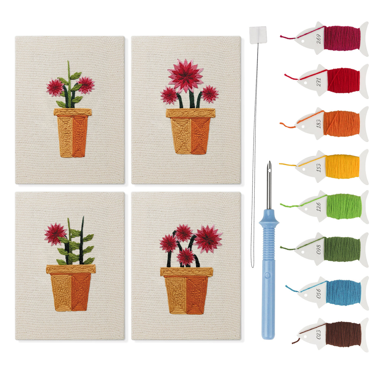 Terracotta Blooms mini punch needle kit set: four finished canvases with threads, punch needle and threader
