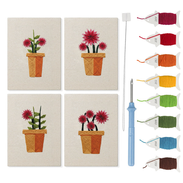 Terracotta Blooms mini punch needle kit set: four finished canvases with threads, punch needle and threader