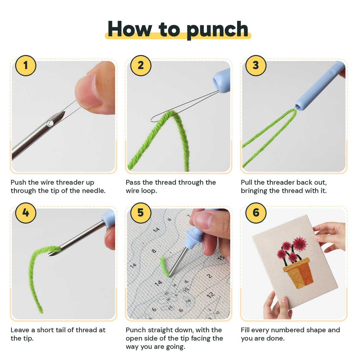 Six steps showing how to thread and use the punch needle