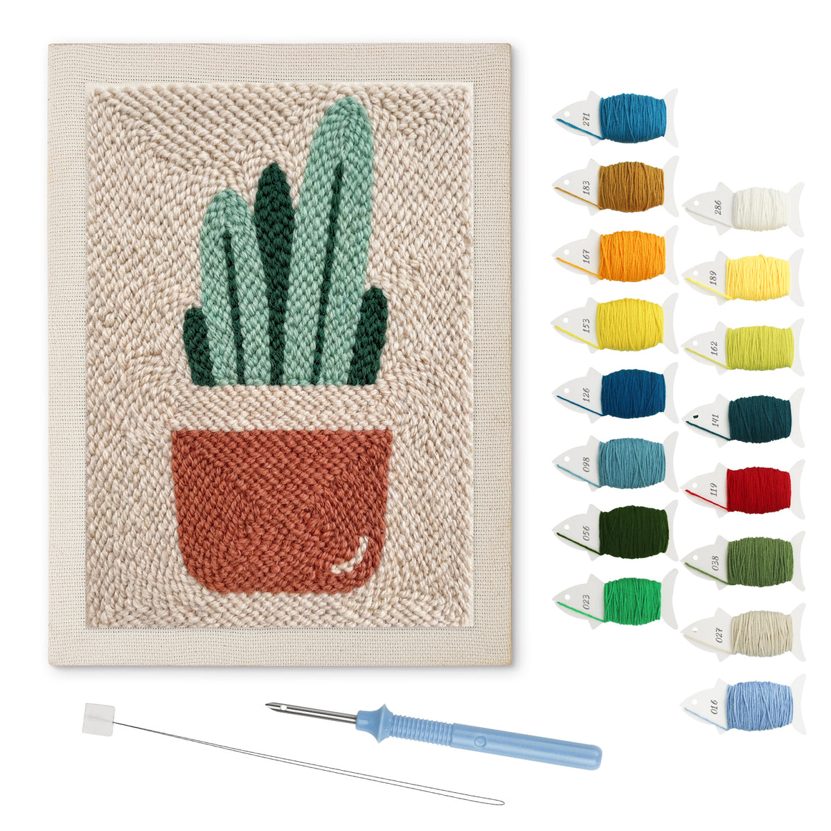 Terracotta Cactus Pot punch needle kit: finished canvas with threads, punch needle and threader