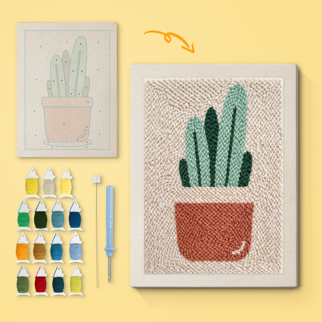Terracotta Cactus Pot canvas before and after punching, with the threads and tools