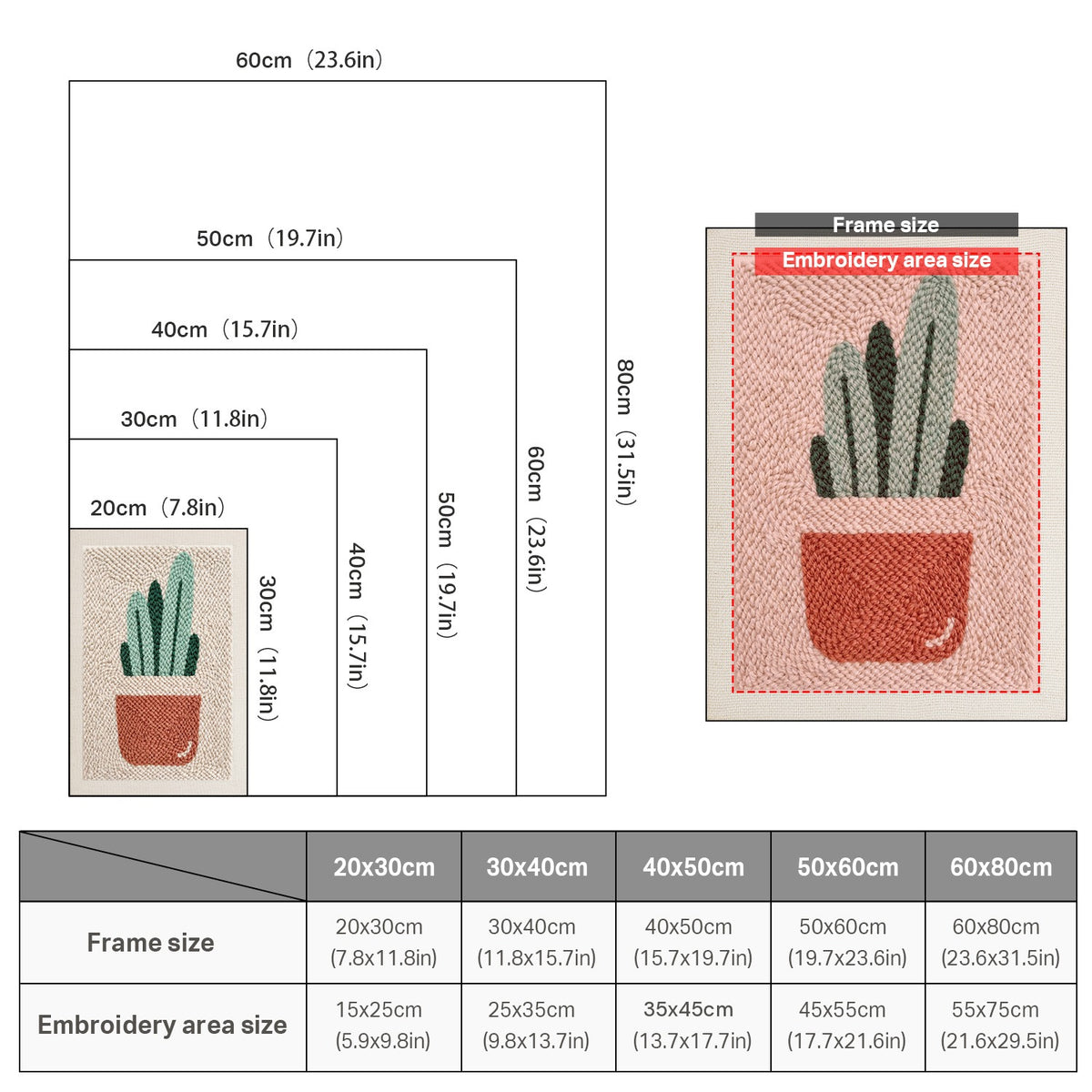 Size chart for punch needle kits from 20 x 30 cm to 60 x 80 cm