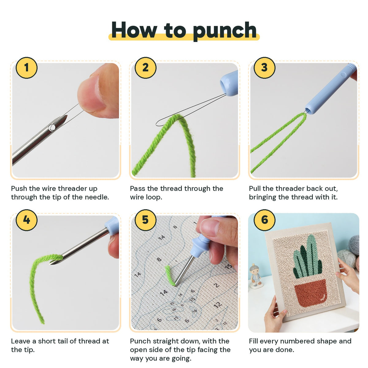 Six steps showing how to thread and use the punch needle