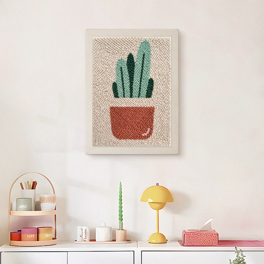 Finished Terracotta Cactus Pot punch needle canvas on a wall
