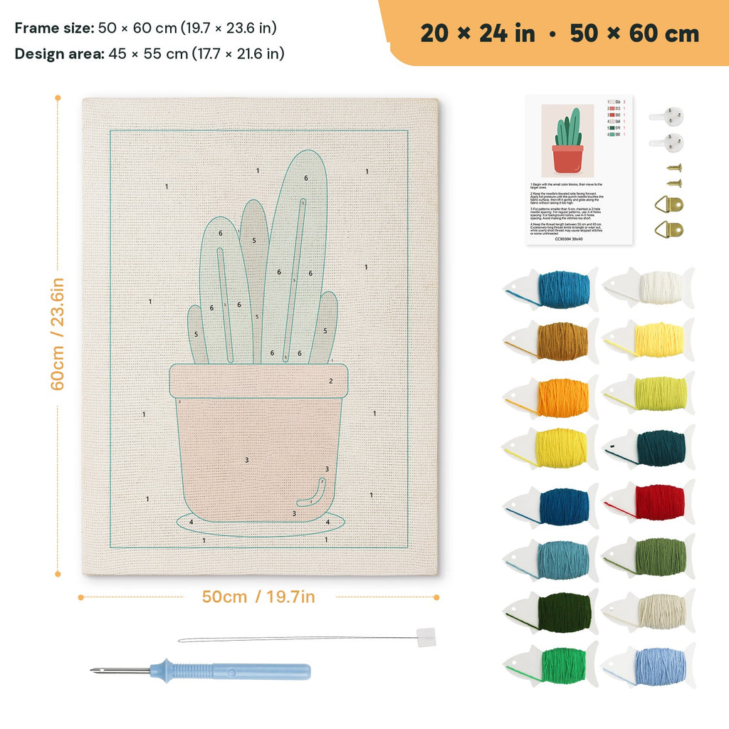 Terracotta Cactus Pot punch needle kit, 20 × 24 in (50 × 60 cm): canvas size and kit contents