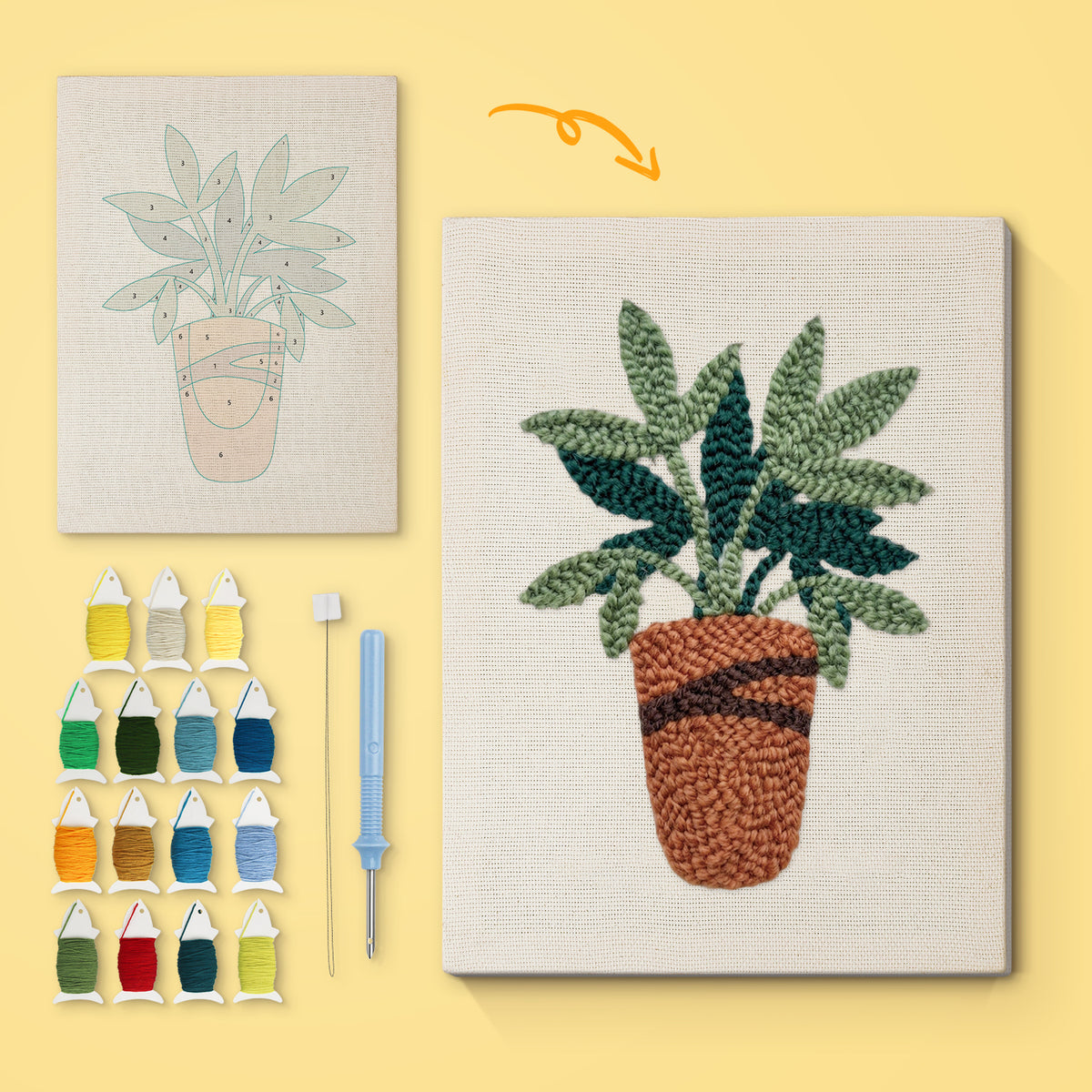 Terracotta Leafy Plant canvas before and after punching, with the threads and tools