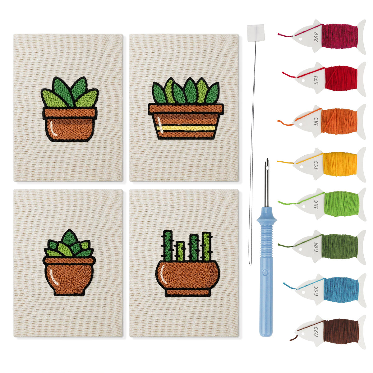 Terracotta Succulents mini punch needle kit set: four finished canvases with threads, punch needle and threader