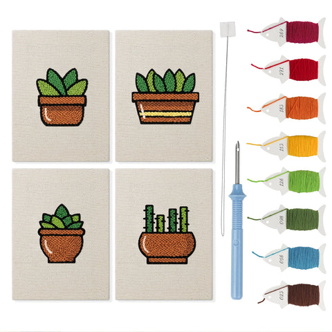 Terracotta Succulents mini punch needle kit set: four finished canvases with threads, punch needle and threader