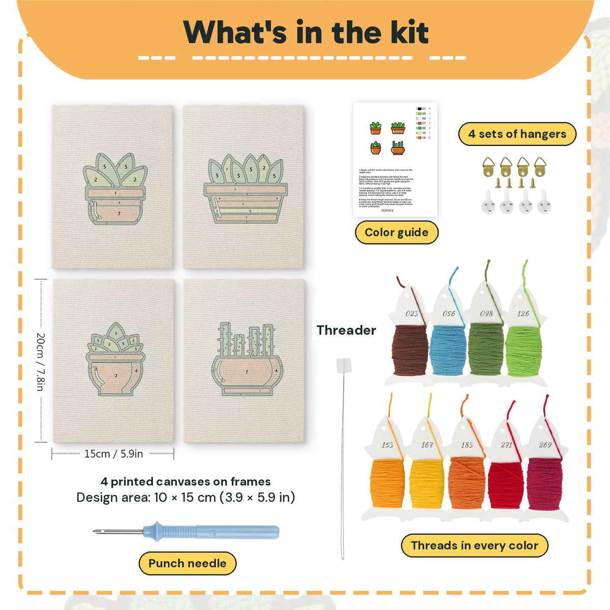 What is in the Terracotta Succulents set: 4 printed canvases, punch needle, threader, threads, color guide and 4 sets of hangers (6 × 8 in (15 × 20 cm) each)