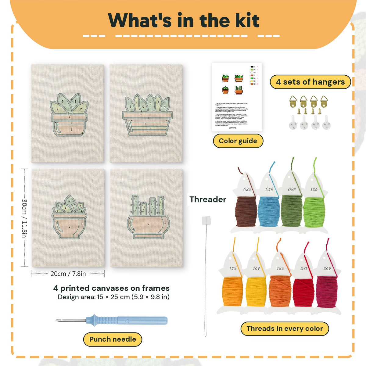 What is in the Terracotta Succulents set, 8 × 12 in (20 × 30 cm) each: 4 printed canvases, punch needle, threader, threads, color guide and 4 sets of hangers