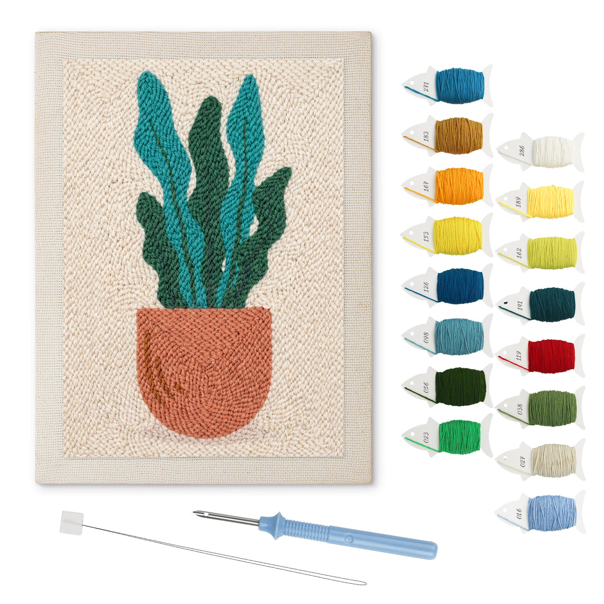 Terracotta Wavy Leaves punch needle kit: finished canvas with threads, punch needle and threader