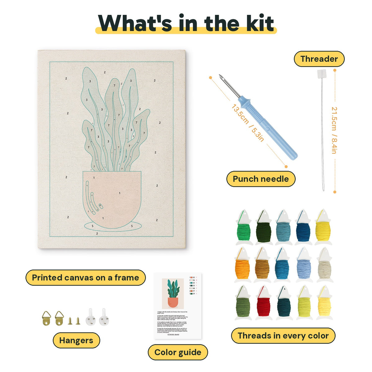 What is in the Terracotta Wavy Leaves kit: printed canvas, punch needle, threader, threads, color guide and hangers