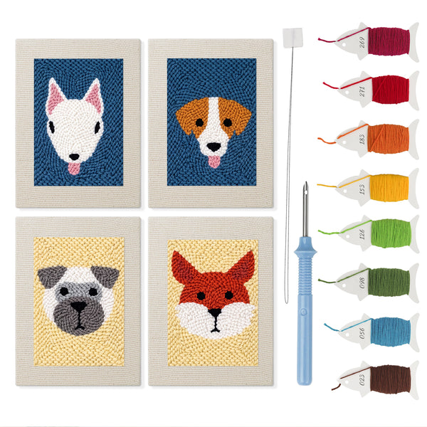 Terrier and Fox mini punch needle kit set: four finished canvases with threads, punch needle and threader