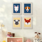 The four Terrier and Fox mini canvases on a wall above a shelf