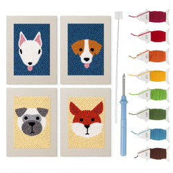 Terrier and Fox mini punch needle kit set: four finished canvases with threads, punch needle and threader