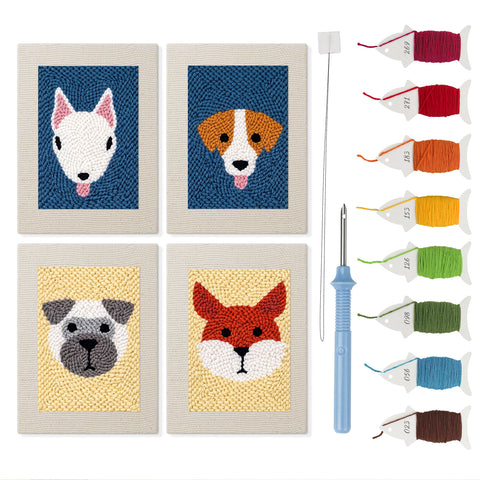 Terrier and Fox mini punch needle kit set: four finished canvases with threads, punch needle and threader