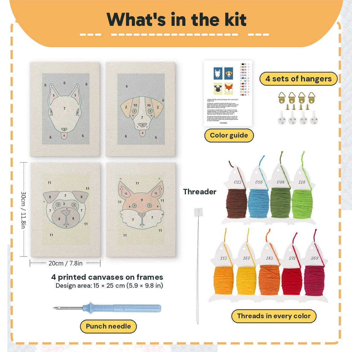 What is in the Terrier and Fox set, 8 × 12 in (20 × 30 cm) each: 4 printed canvases, punch needle, threader, threads, color guide and 4 sets of hangers