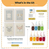 What is in the Terrier and Fox set, 8 × 12 in (20 × 30 cm) each: 4 printed canvases, punch needle, threader, threads, color guide and 4 sets of hangers