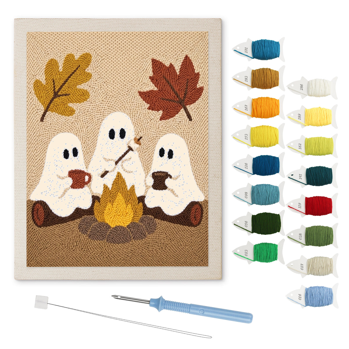 Three Ghosts by the Fire punch needle kit: finished canvas with threads, punch needle and threader