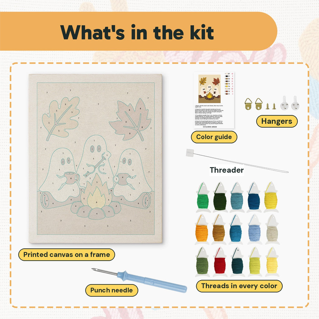 What is in the Three Ghosts by the Fire kit: printed canvas, punch needle, threader, threads, color guide and hangers