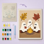 Three Ghosts by the Fire canvas before and after punching, with the threads and tools