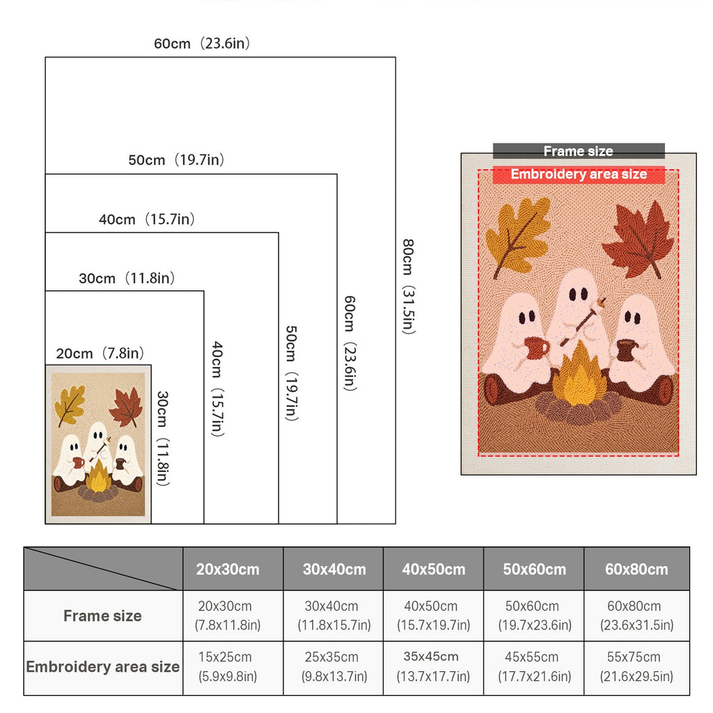 Size chart for punch needle kits from 20 x 30 cm to 60 x 80 cm