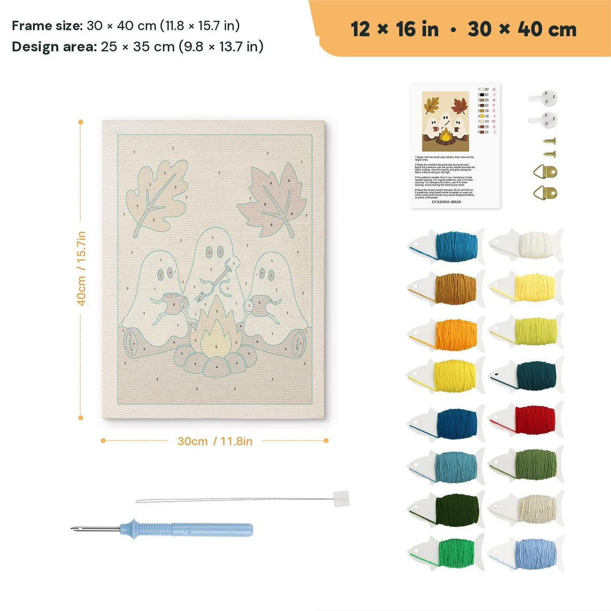 Three Ghosts by the Fire punch needle kit, 12 × 16 in (30 × 40 cm): canvas size and kit contents