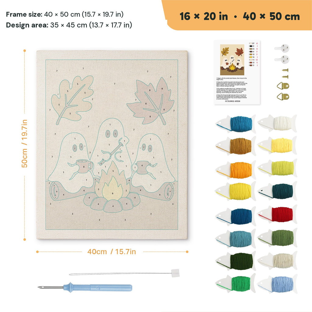 Three Ghosts by the Fire punch needle kit, 16 × 20 in (40 × 50 cm): canvas size and kit contents