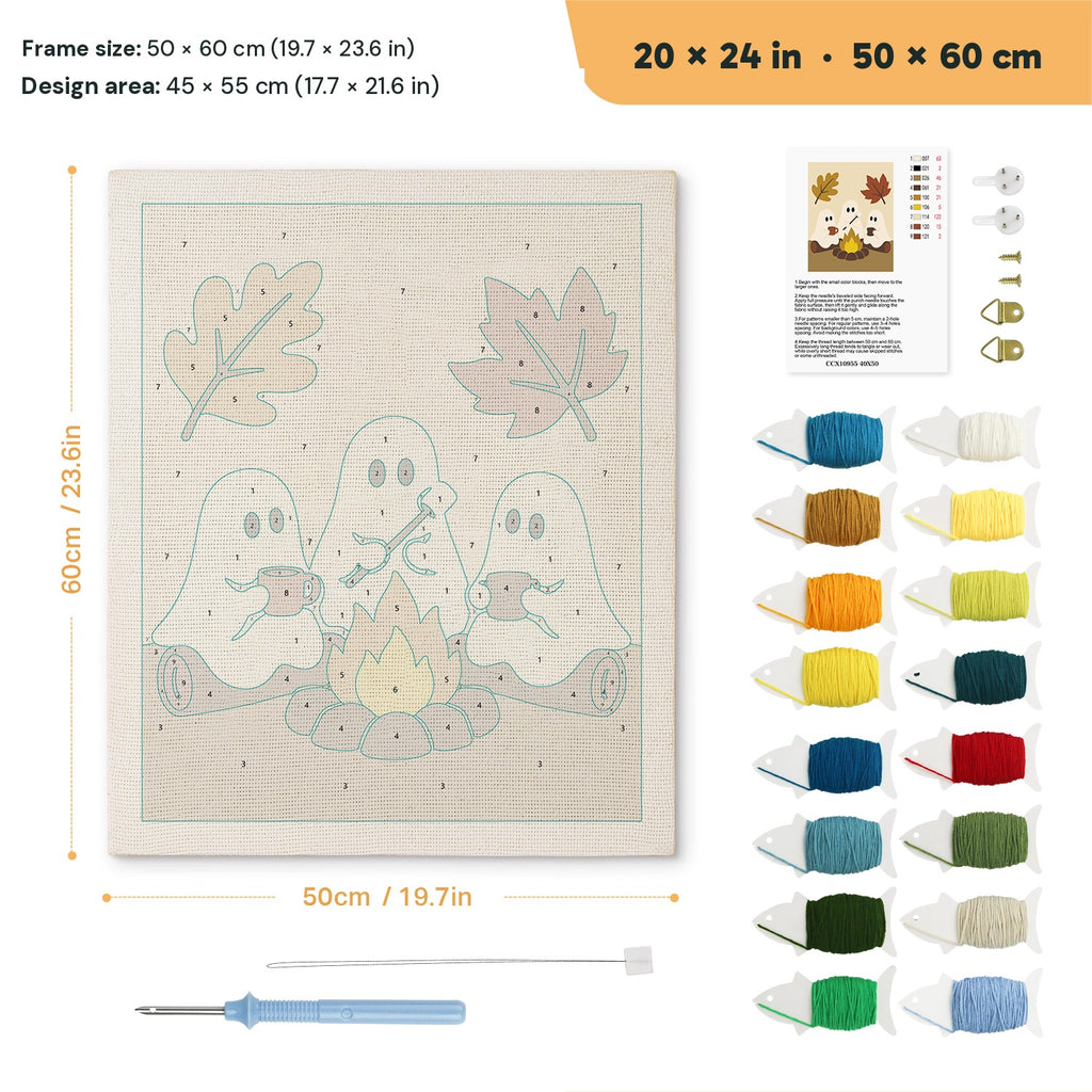 Three Ghosts by the Fire punch needle kit, 20 × 24 in (50 × 60 cm): canvas size and kit contents