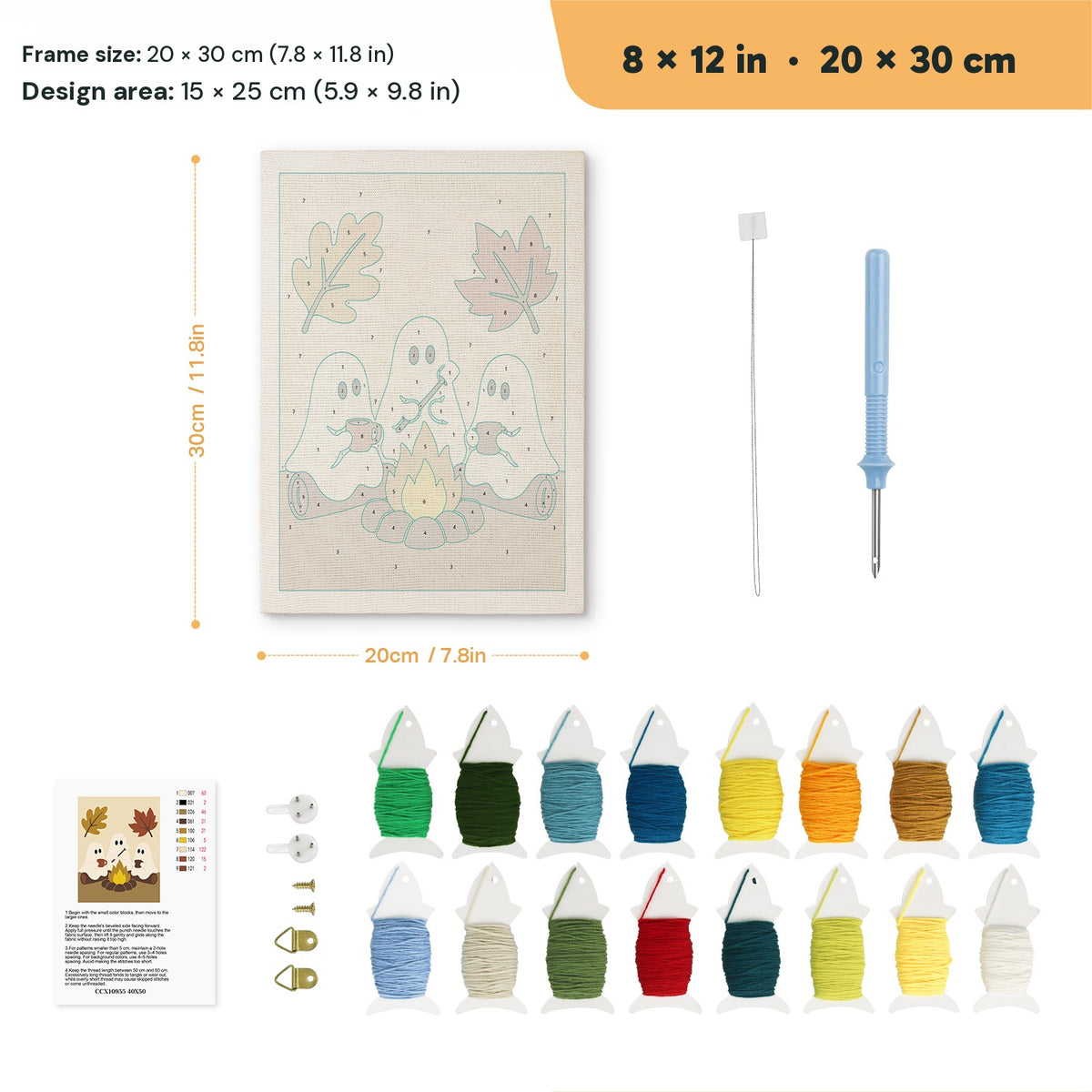 Three Ghosts by the Fire punch needle kit, 8 × 12 in (20 × 30 cm): canvas size and kit contents