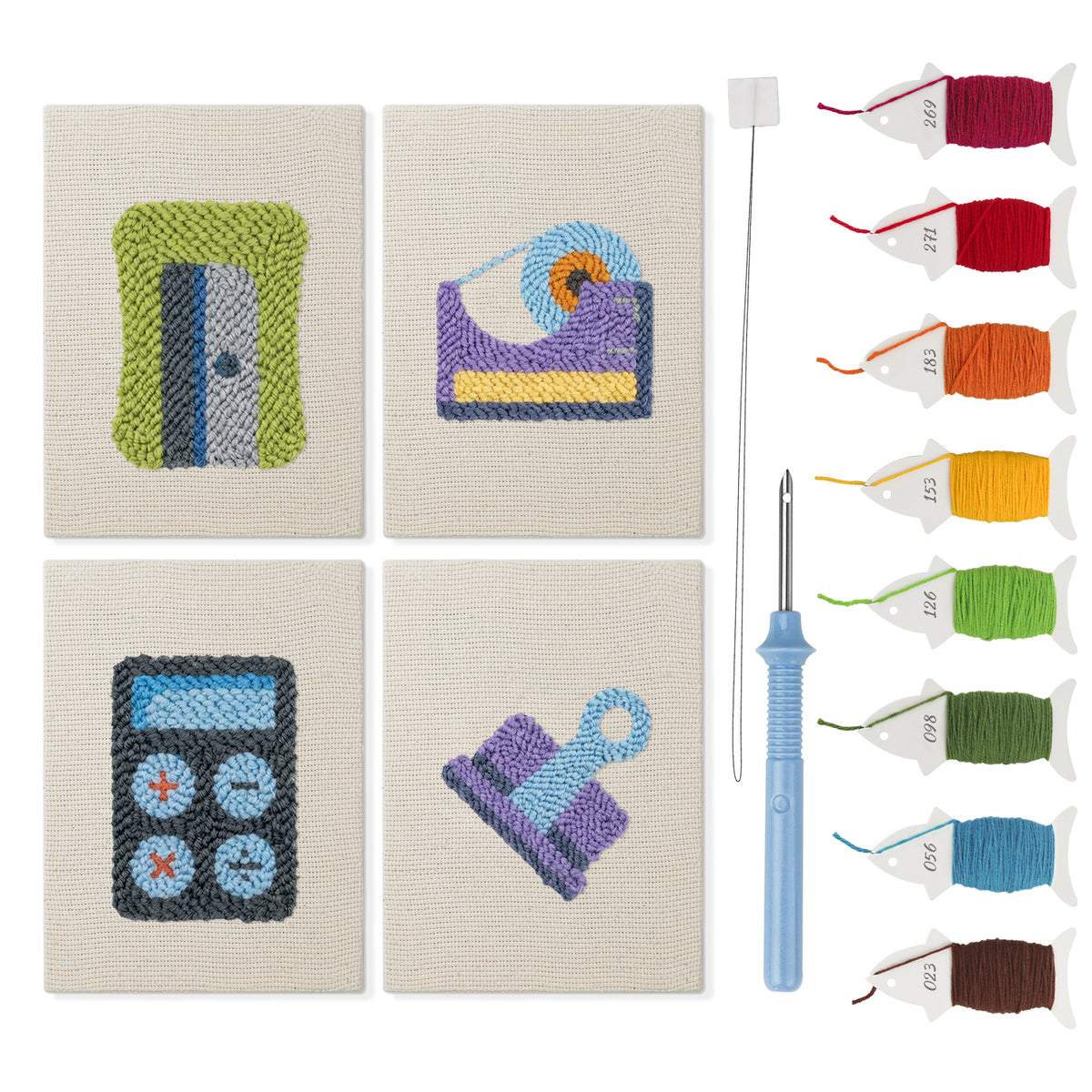 Tidy Desk Tools mini punch needle kit set: four finished canvases with threads, punch needle and threader