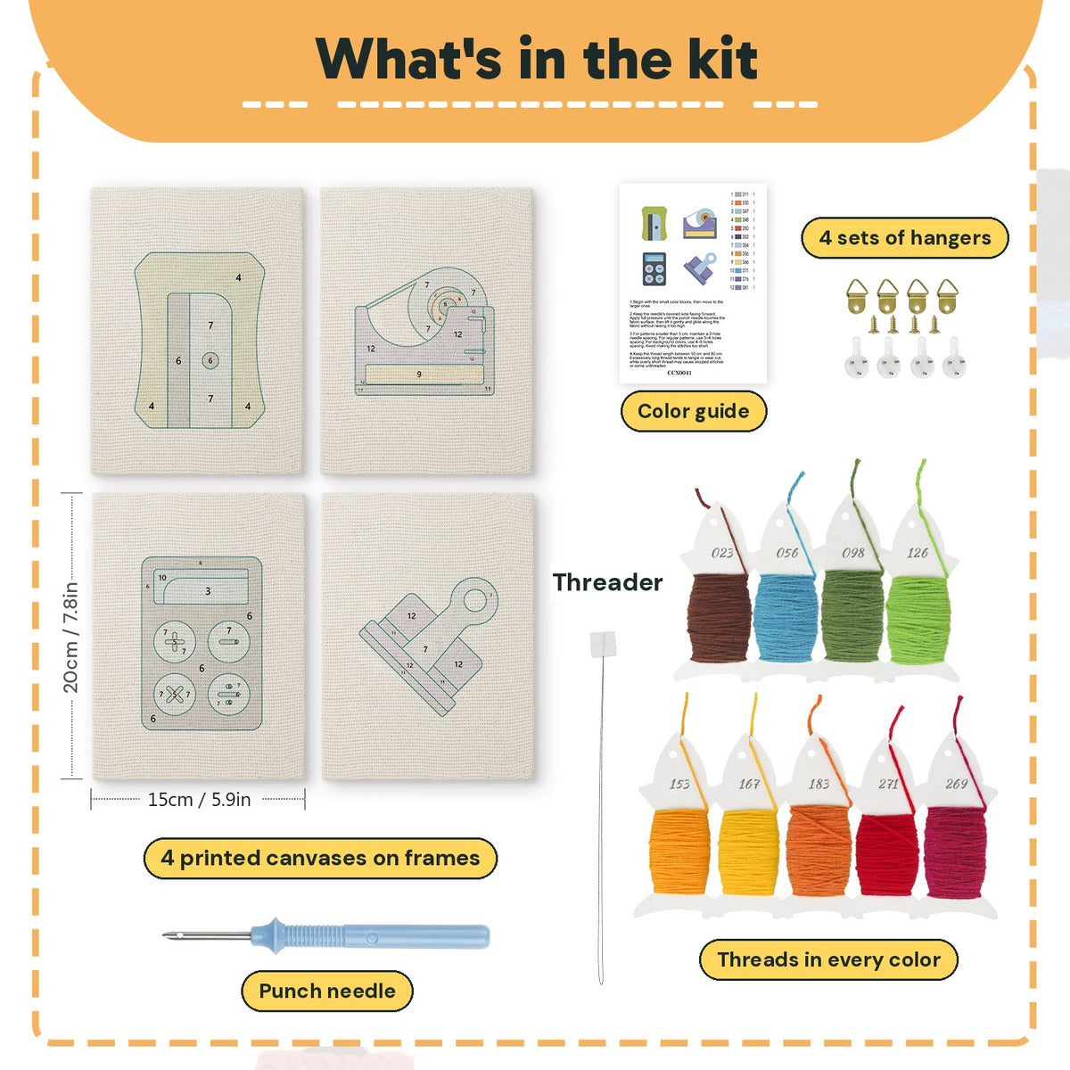 What is in the Tidy Desk Tools set: 4 printed canvases, punch needle, threader, threads, color guide and 4 sets of hangers (6 × 8 in (15 × 20 cm) each)