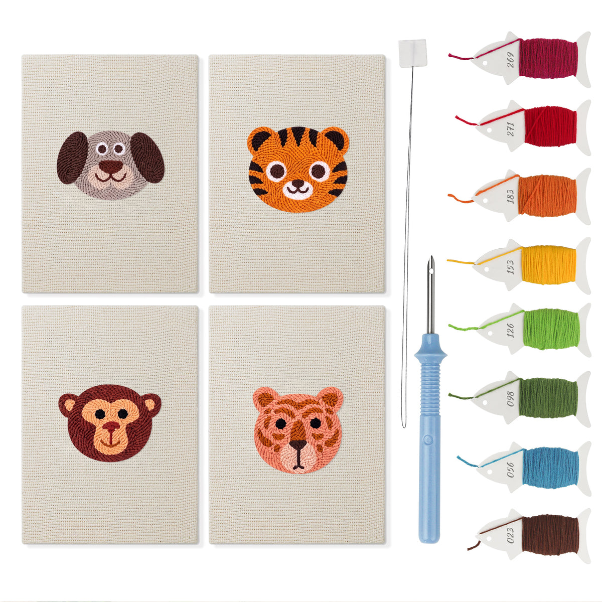 Tiger Cub Faces mini punch needle kit set: four finished canvases with threads, punch needle and threader